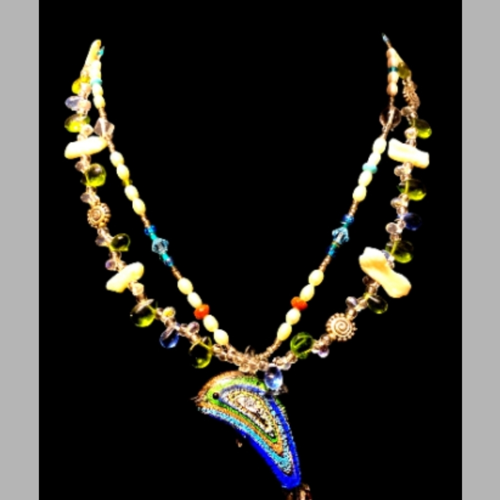 Handcrafted Dolphin Pendant Necklace With Beads & Pearls Beach Ocean Nautical